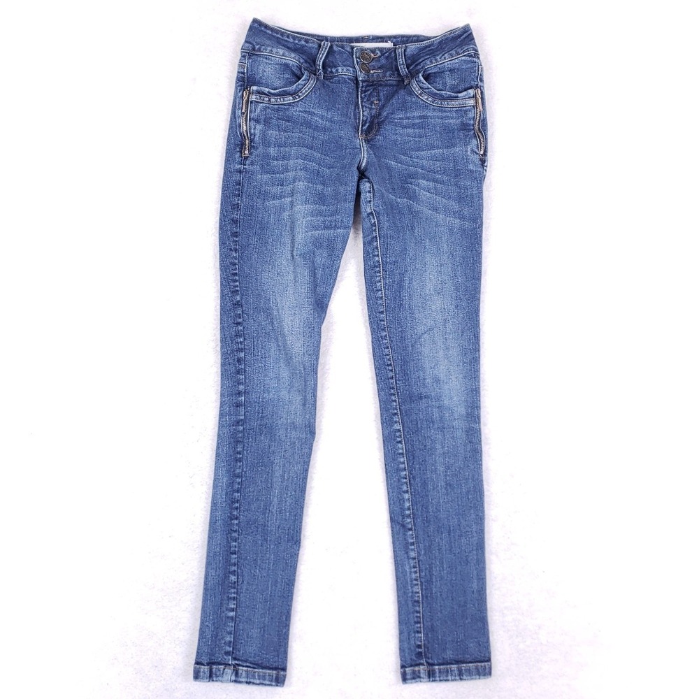Rio Skinny Jeans 0 Blue Medium Wash Double‎ Button Y2K Low Rise Indie Sleaze